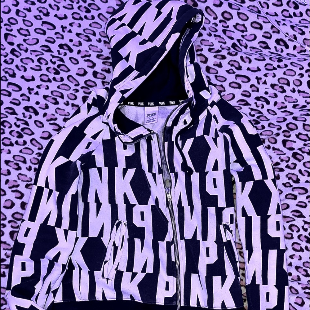 PINK Black White Funnel Neck Full Zip hoodie FASHION SHOW. MAKE OFFERS.